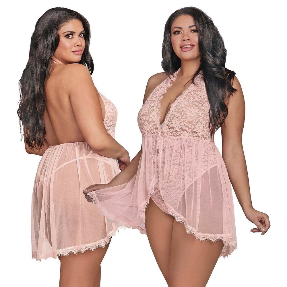 Plus Pink Fly Away Halter Teddy Womens Queen Stretch Lace Romper